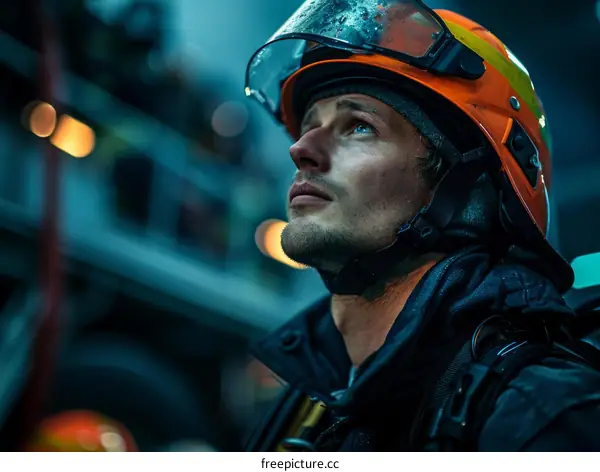 Firefighter in protective gear looking up at a building on fire
