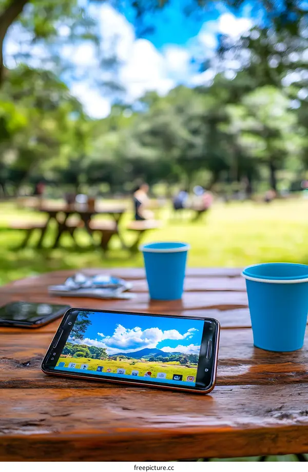 Smartphone Displaying Mountain Landscape on a Wooden Picnic Table in a Park