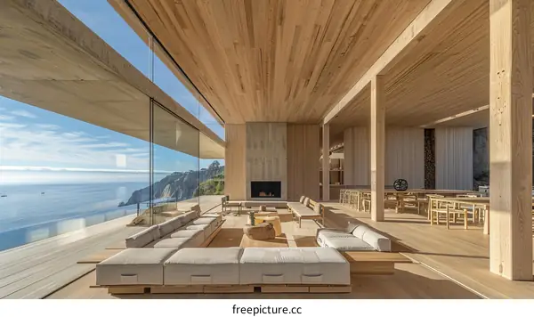 Modern house interior with ocean view