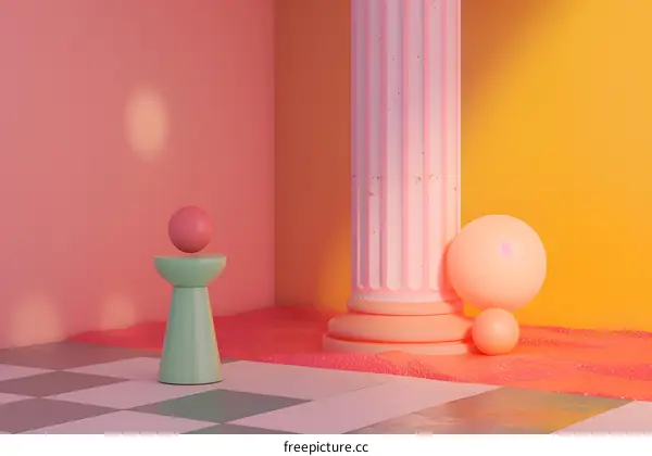 Abstract 3D Rendering of Minimalist Room with Pink Column and Geometric Shapes
