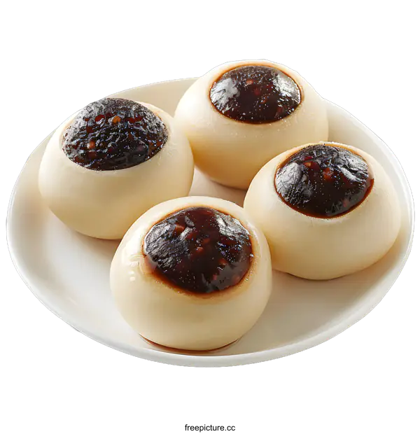 [Transparent Background PNG]Four Steamed Buns with Red Bean Paste Filling on a Plate