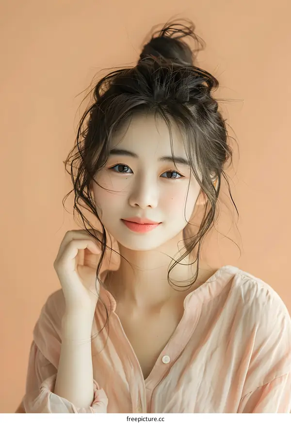 Portrait of a Young Woman with a Messy Bun and a Pink Shirt