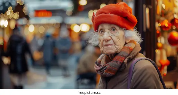 A thoughtful elderly woman gazes at a Christmas market display