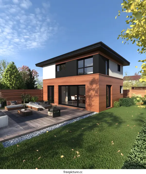 Modern House with Wooden Siding and Backyard Patio