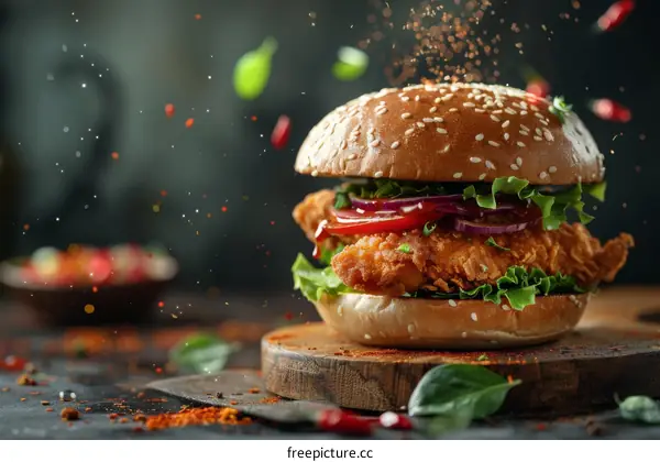 Crispy fried chicken sandwich with lettuce, tomato and red onion