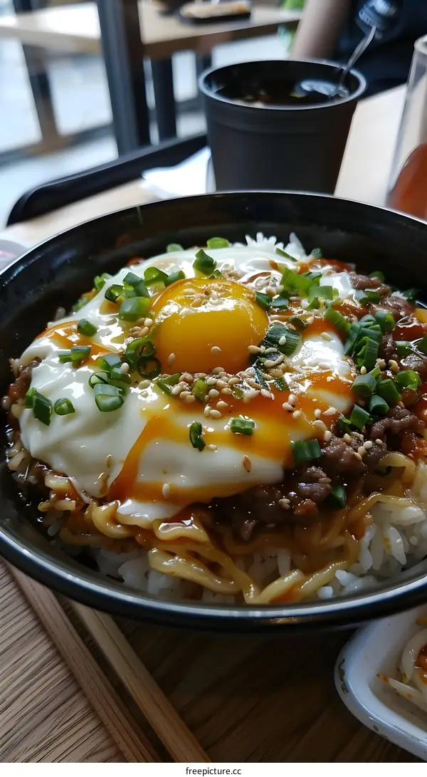 korean beef rice bowl topped with egg