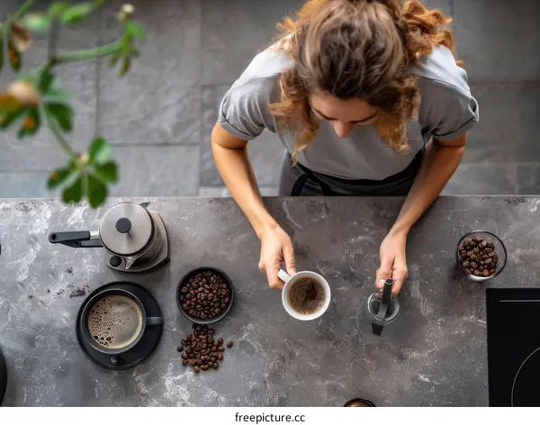 Focused young woman drinking coffee in the kitchen