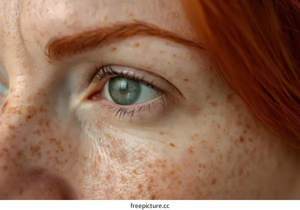 Close up portrait of a young caucasian woman with freckles and green eyes