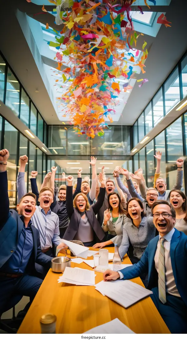 Group of people celebrating with confetti falling from the ceiling