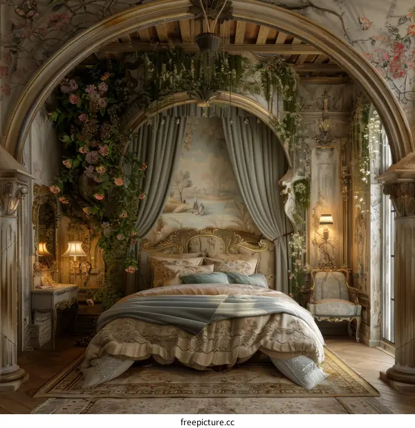 Elegant Romantic Floral Bedroom Illustration