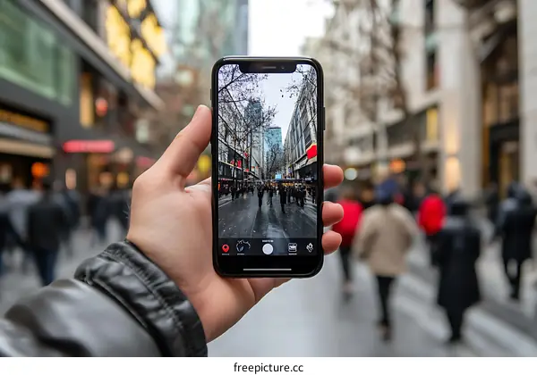 Hand Holding Smartphone Taking Photo Of City Street