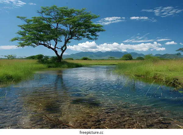 The reflection of the tree in the water with blue sky and white clouds