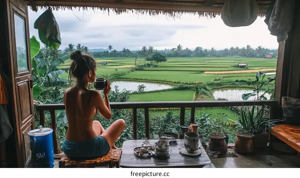 Woman enjoying a coffee view of rice paddies