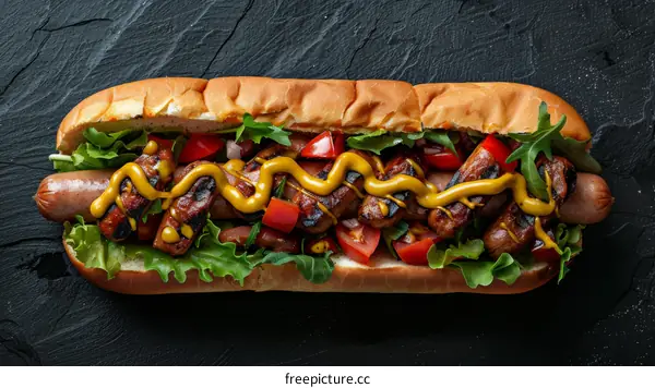 Hotdog with mustard, tomatoes, and lettuce