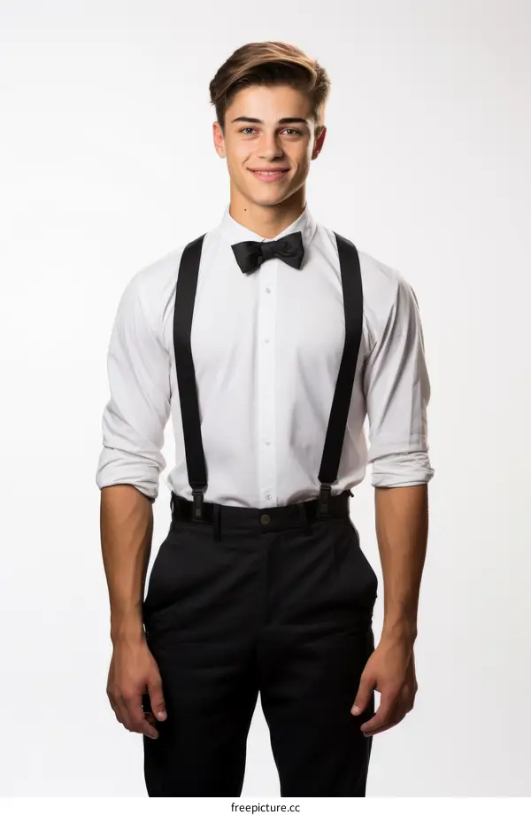 Young man with suspenders and bow tie