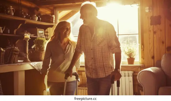 Smiling elderly couple using ходунки in their home