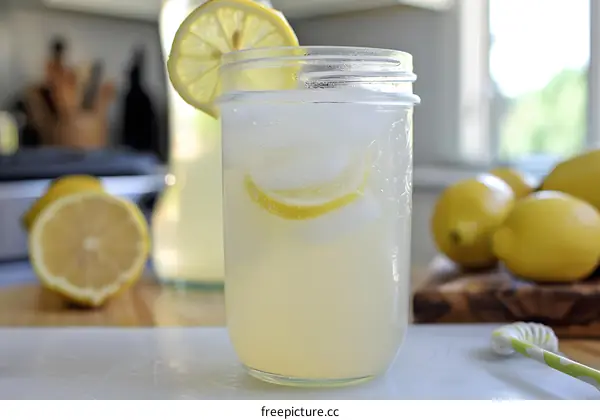 Glass of Lemonade with Lemon Slices and Ice