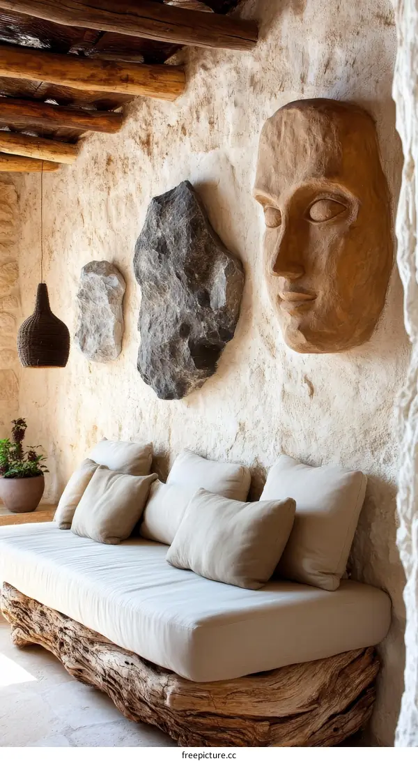 Rustic Interior Living Area with Stone Carvings