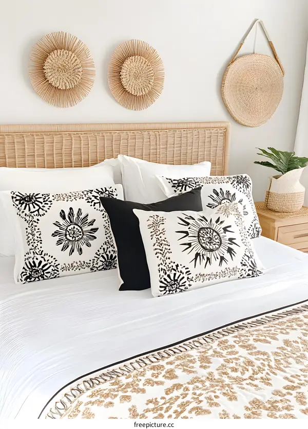 Modern Boho Bedroom Decor With Wicker Headboard And Woven Wall Decor