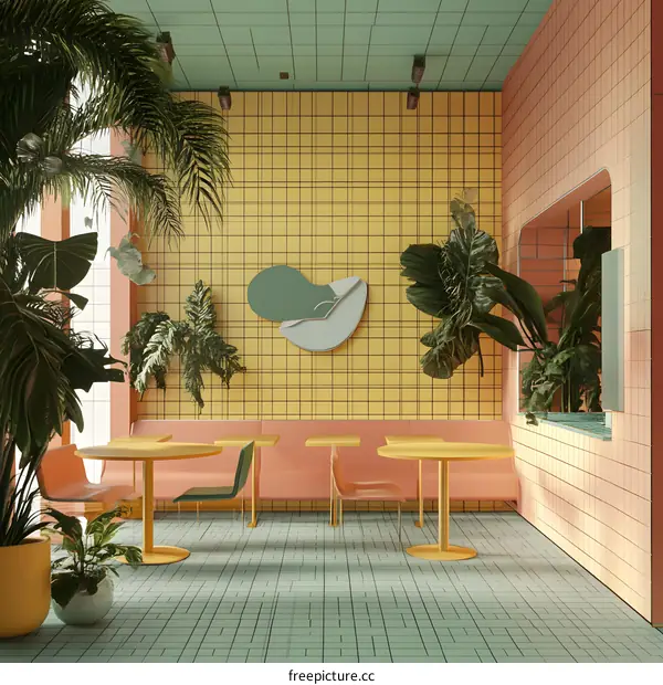 Retro Style Cafe Interior Design with Yellow and Green Tiled Walls