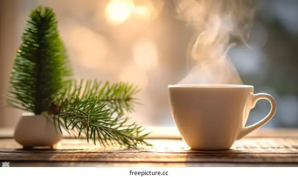 A cup of hot tea on a wooden table near a window