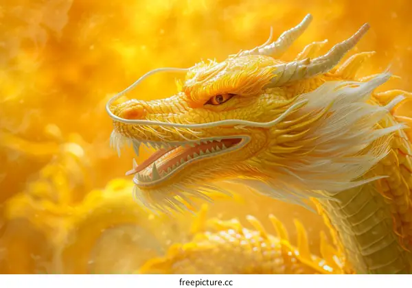 A golden dragon with white and yellow scales and white and yellow eyes