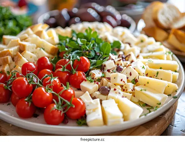 A cheese platter with tomatoes, olives, and herbs