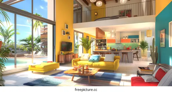 Modern Tropical Living Room Interior Design with Yellow Sofa and Pool View