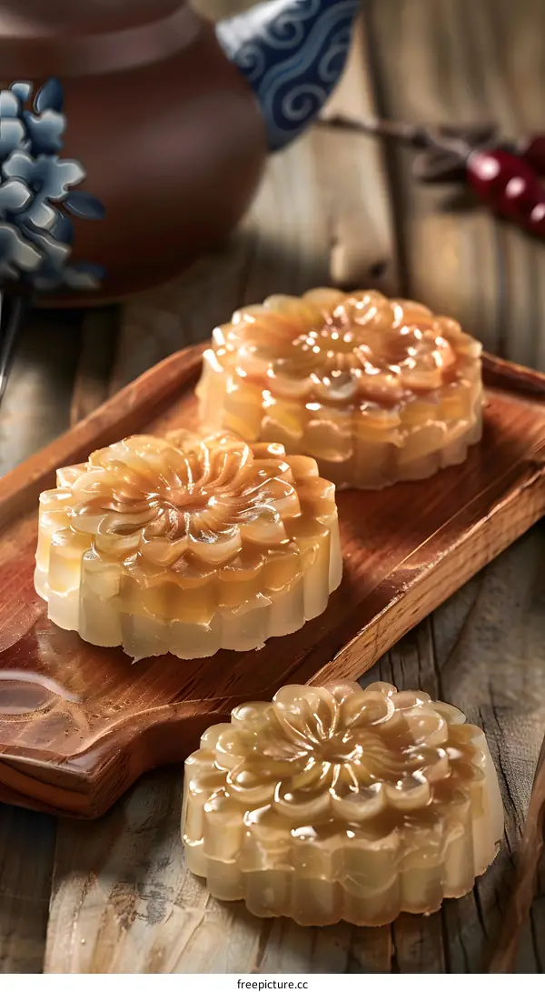 Closeup of Three Chinese Mooncakes on Wooden Tray