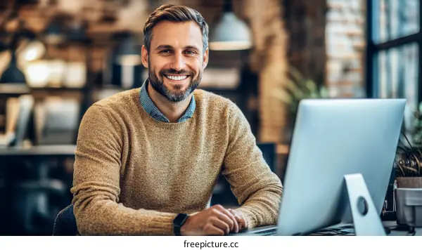 Smiling Caucasian Businessman Working on Laptop