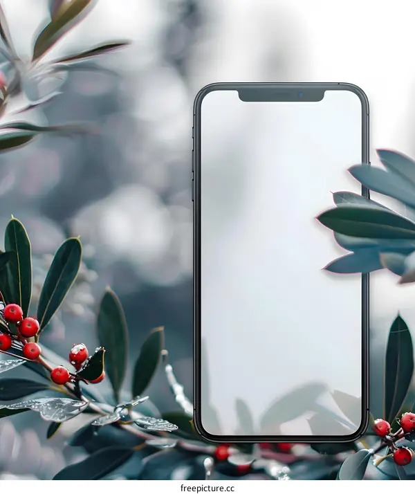 Black Smartphone Mockup With Green Leaves