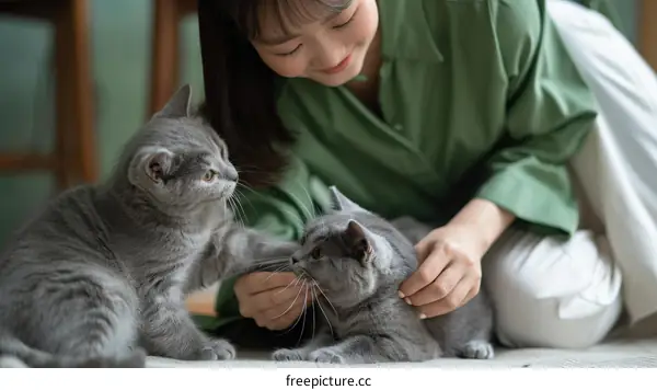 A young woman is petting two gray cats.