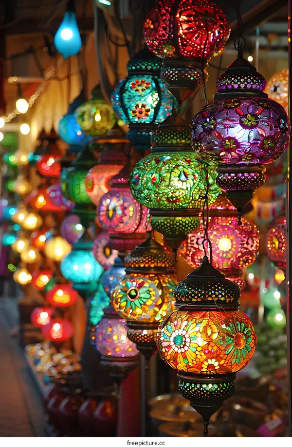 Turkish mosaic lamps with colorful patterns hanging in a shop