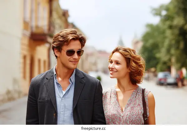 Couple walking on city street in summer