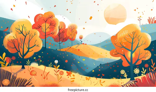 Autumn Landscape Illustration With Trees And Falling Leaves