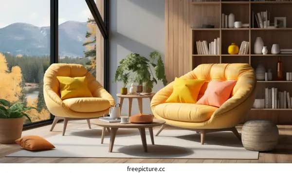 Stylish Living Room with Yellow Armchairs and a Bay Window Overlooking the Lake