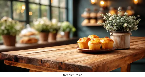 Rustic Wooden Table with Cupcakes and Decor