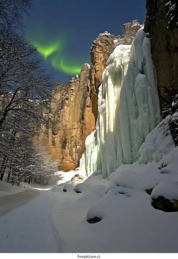 Frozen Waterfall In Winter Mountains With Northern Lights