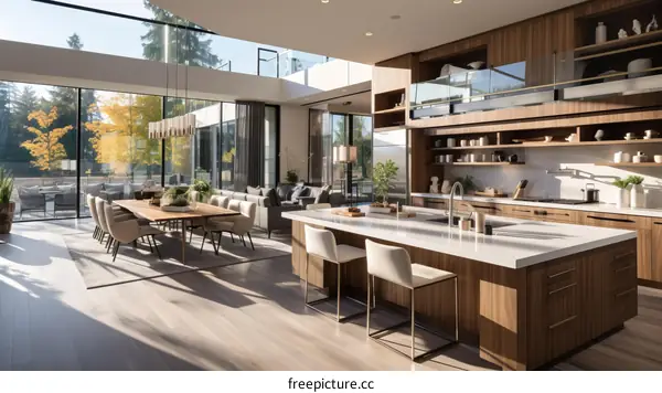 The interior of a beautiful modern house with a large kitchen and living room