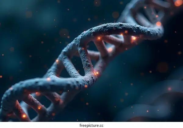 Detailed view of DNA structure with glowing particles