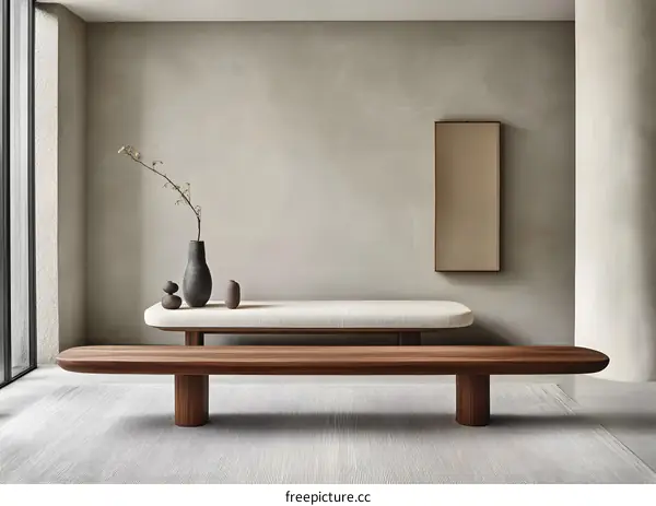 Minimalist Interior Design with Wooden Benches and Neutral Colors