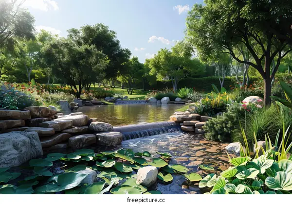 Backyard landscaping with a small pond, boulder, bushes, exterior fencing, garden flowers, plants, rocks, shrubs, stream, trees, and waterfall