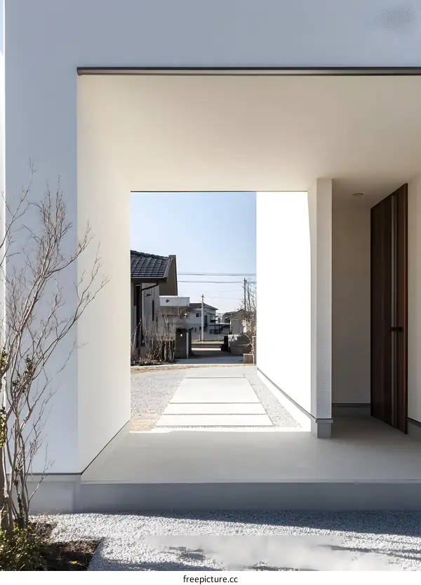 Modern Minimalist White House Exterior with Concrete Pathway and Wooden Door