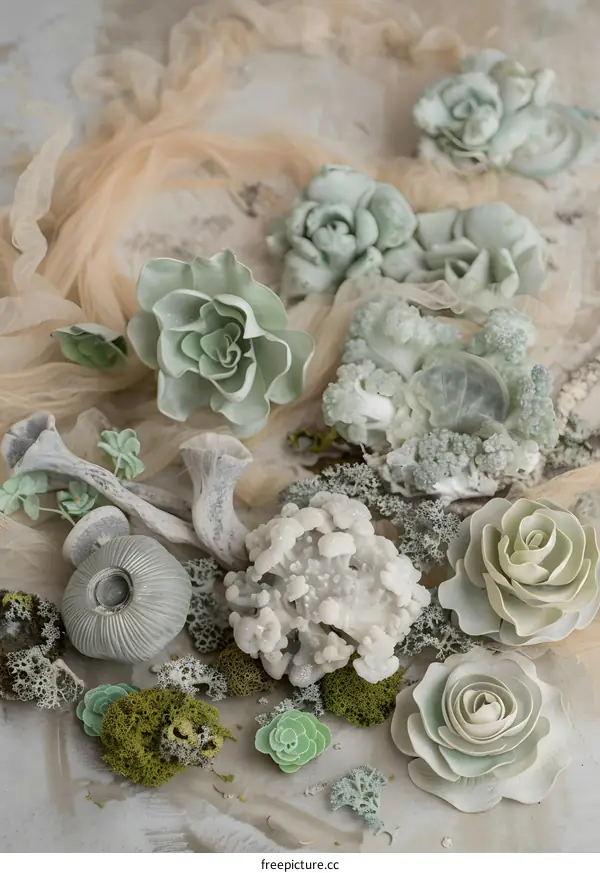 Decorative Succulents with White Flowers and Dried Branches