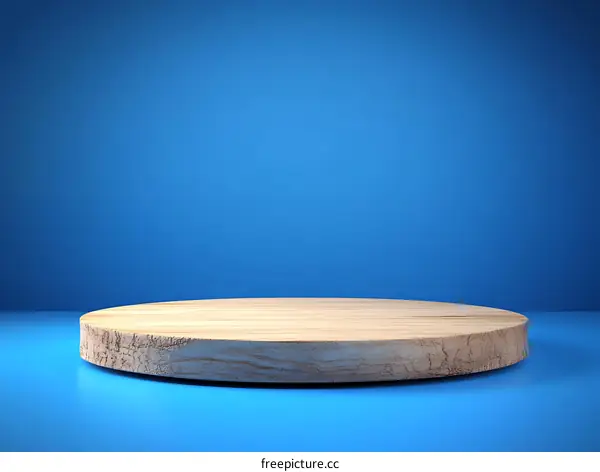 Wooden Round Display Platform on Blue Background