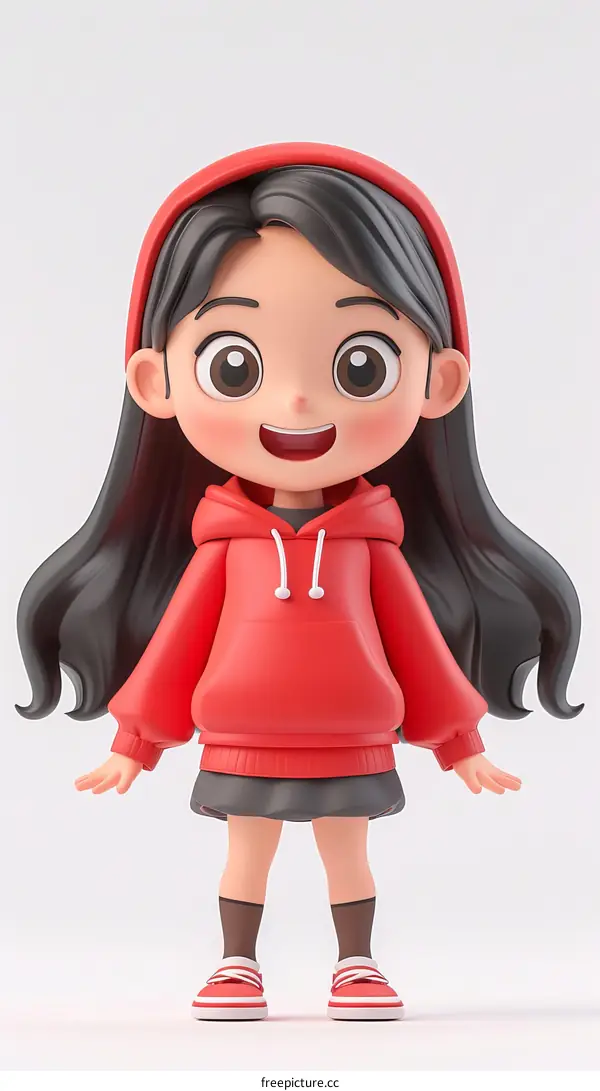 3D illustration of a cute Asian girl in a red hoodie