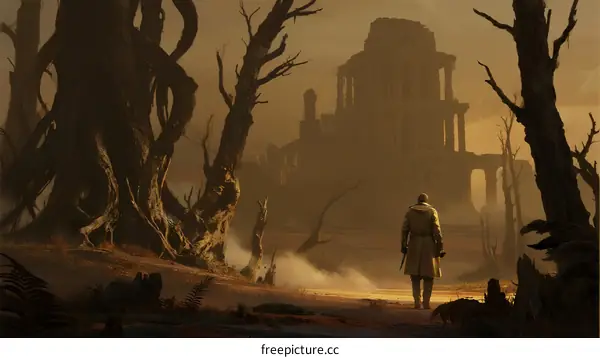 A lone figure walking through a desolate ancient city with dead trees