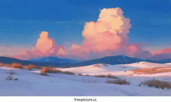 Dramatic Pink Clouds Over Snow-Covered Dunes at Sunset