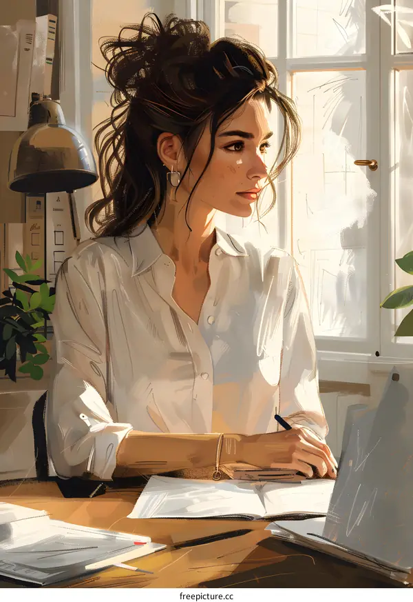 A woman is sitting at a desk, looking out the window.