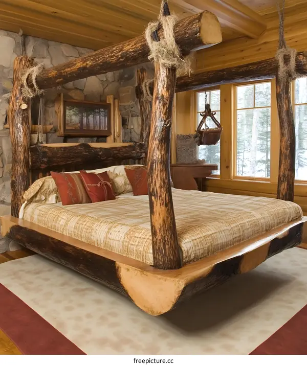 Rustic Log Bed Frame with Wooden Canopy and Natural Elements